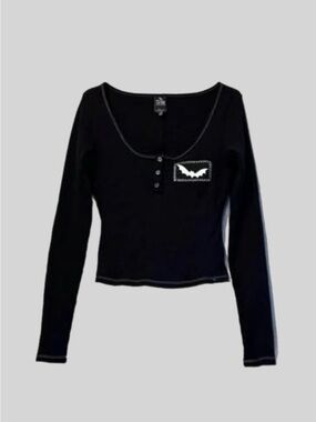 The Grave Girls (F) Beware Boys Bat Patch Ribbed Henley Top Gothic Fairy Grunge